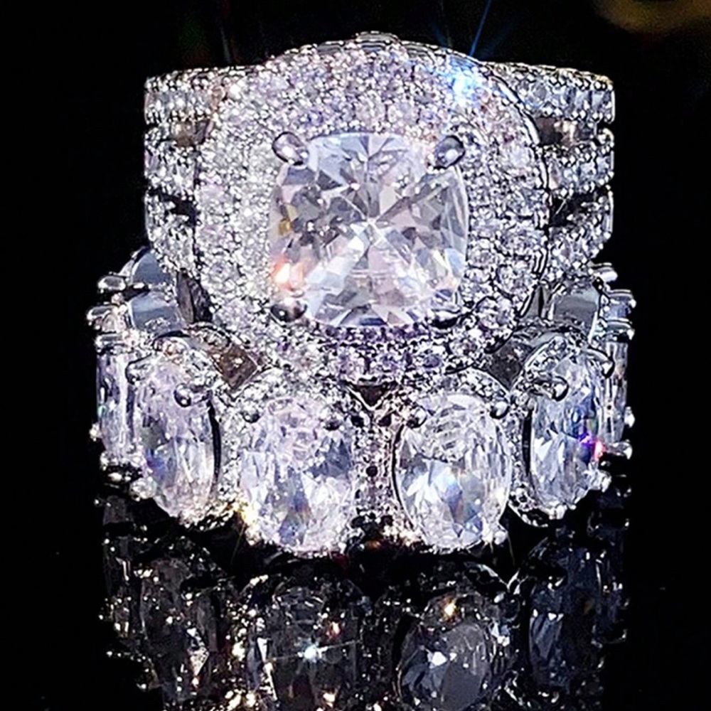 Cushion Cut Sterling Silver Eternity Ring Cubic Zirconia Art  Wedding Rings Set